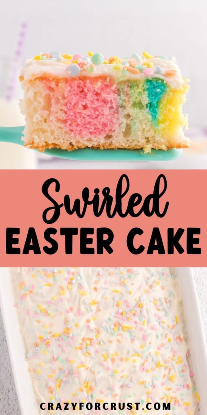 slice of tie dye easter cake on spatula and overhead shot of cake with words between
