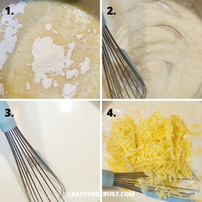 Overhead shot of four photos showing how to make cheese sauce