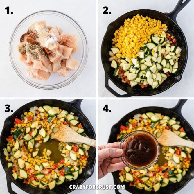 Overhead shot of four images showing process of making bbq chicken skillet