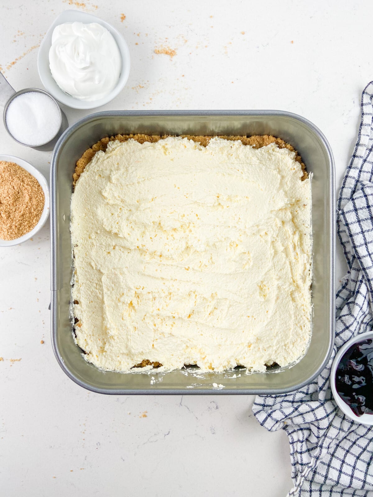 pan with pudding layer over crust.