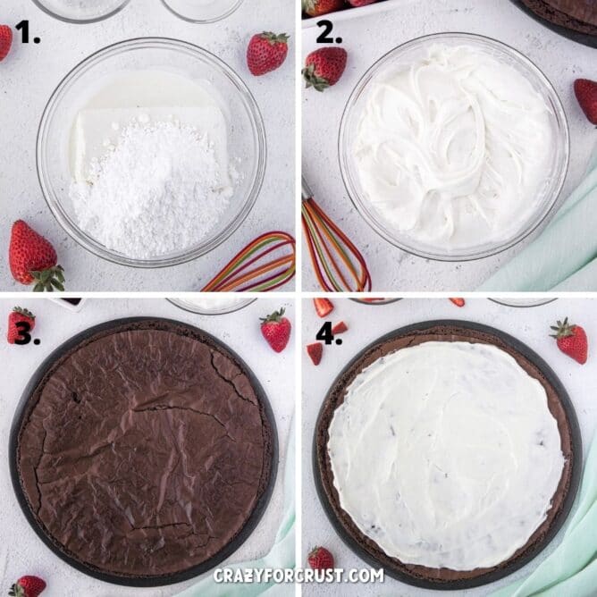 Overhead shot of four photos showing the process of assembling brownie pizza