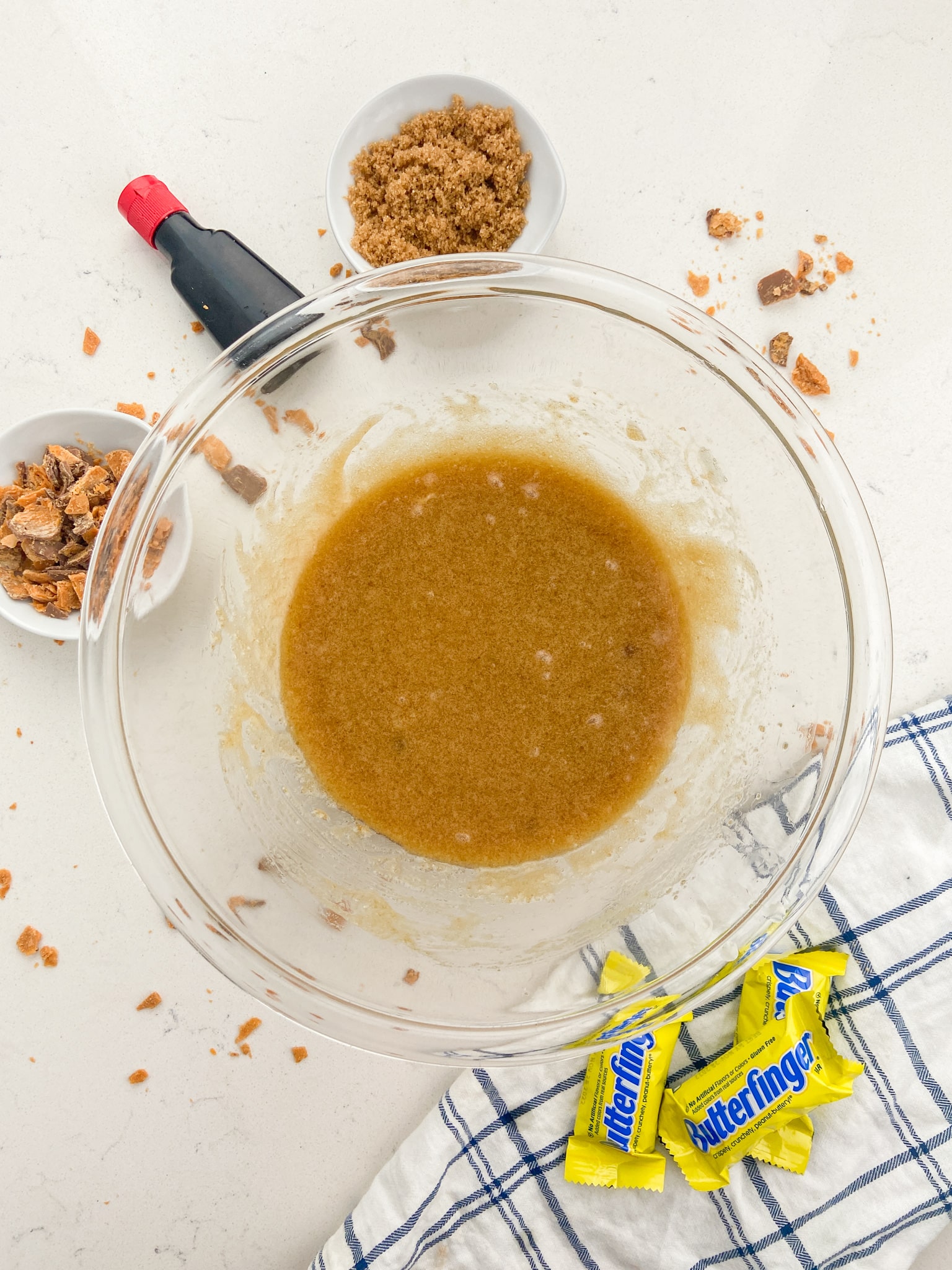 bowl with melted butter stirred into sugars