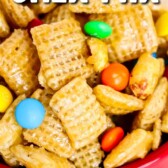 Small red bowl filled with caramel chex mix with recipe title on top of image
