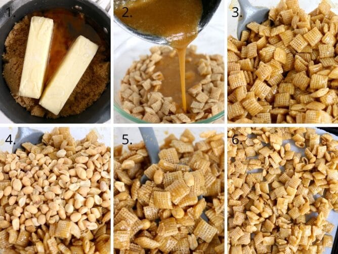 Overhead shot of 6 images showing process for making caramel chex mix