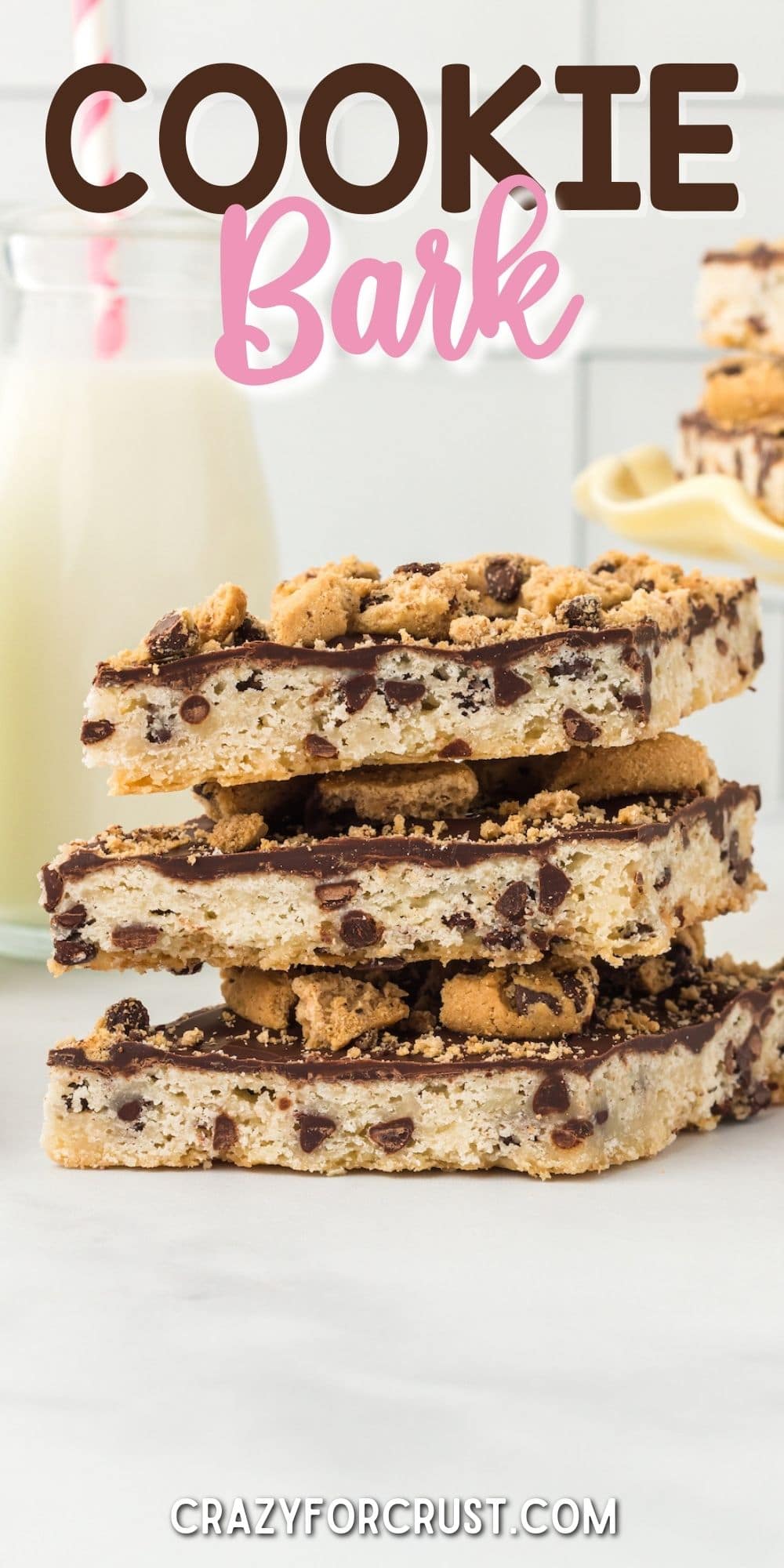 Three cookie bark pieces stacked on top of eachother with recipe title on top of image