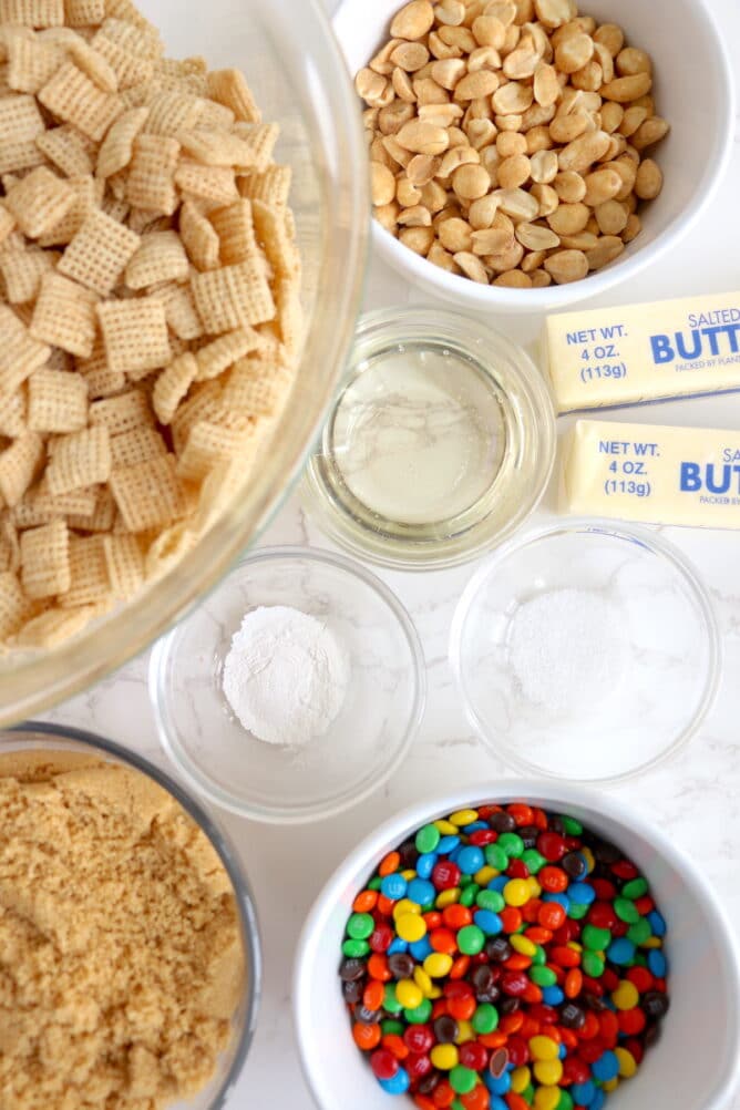 Overhead shot of all ingredients needed to make caramel chex mix