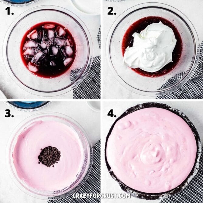Overhead shot of four images showing the process of making cherry jello pie filling
