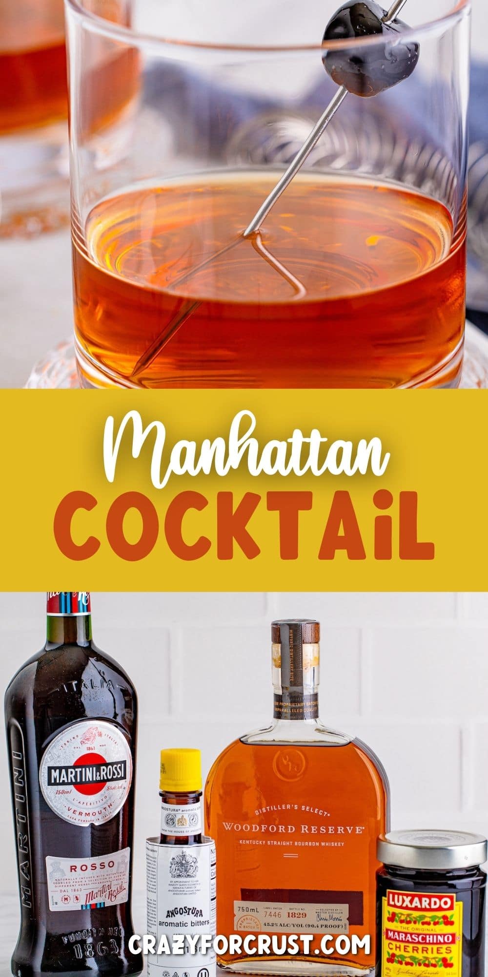 Collage of Manhattan cocktail photos with recipe title in the middle of two photos
