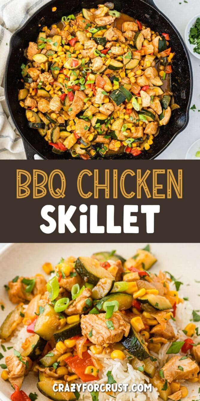 Photo collage of bbq chicken skillet images with recipe title in the middle