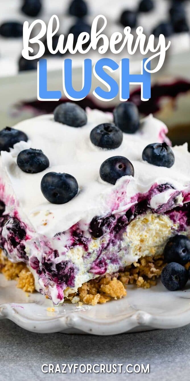 One large square slice of blueberry delight lush on a plate with recipe title on top of image