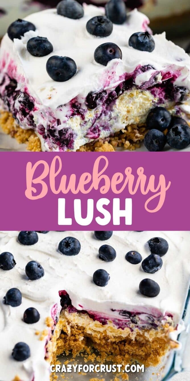Photo collage of blueberry delight lush with recipe title in the middle of two photos