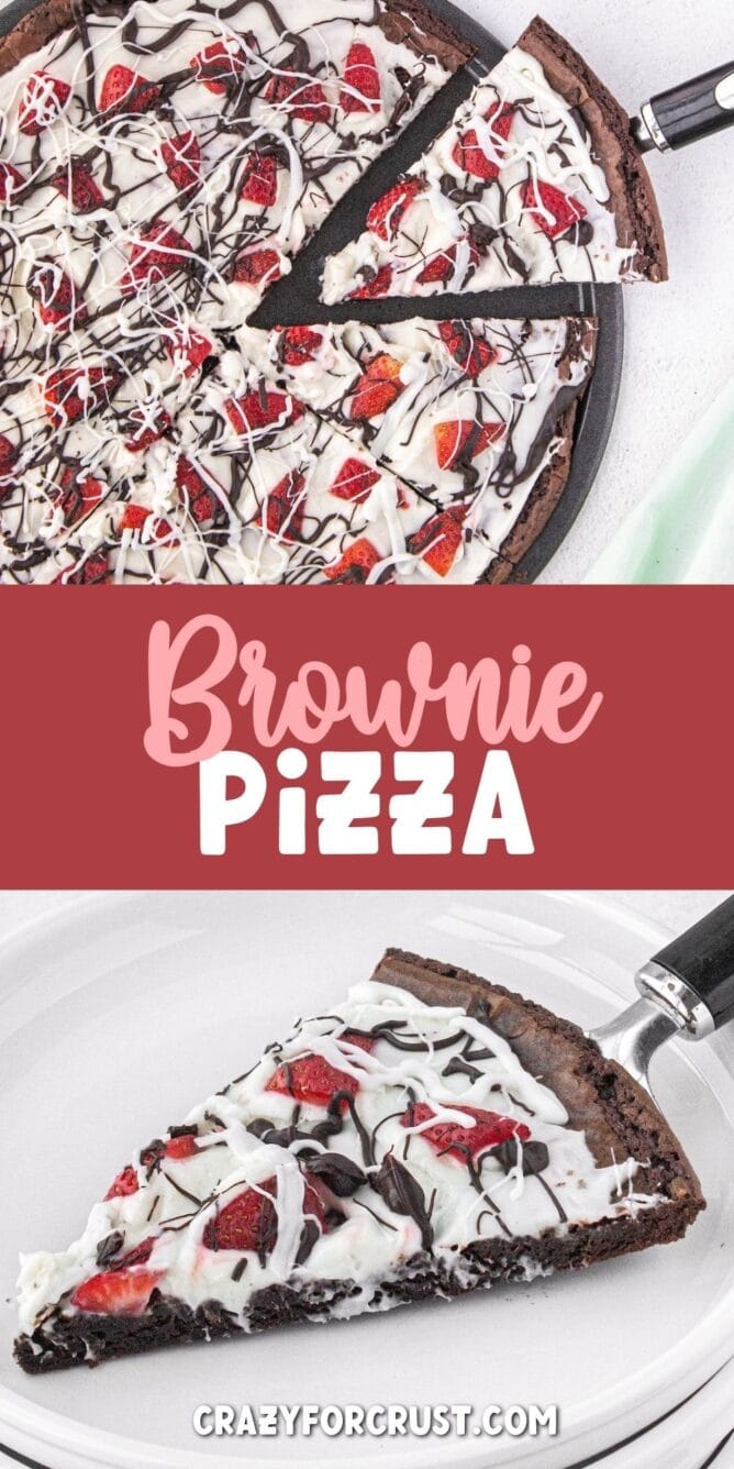 Photo collage of easy brownie pizza with recipe title in the middle of two photos