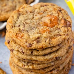 Overhead shot of a large stack of butterfinger cookies
