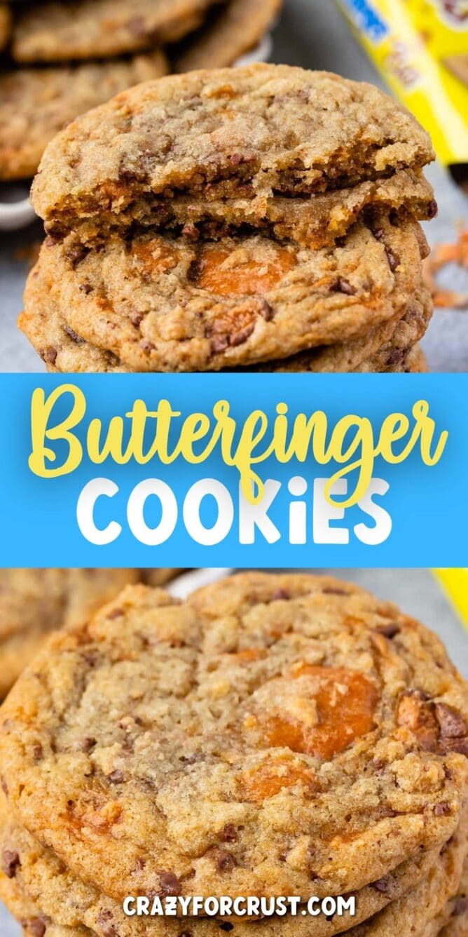 Butterfinger cookies collage with recipe title in the middle of two photos