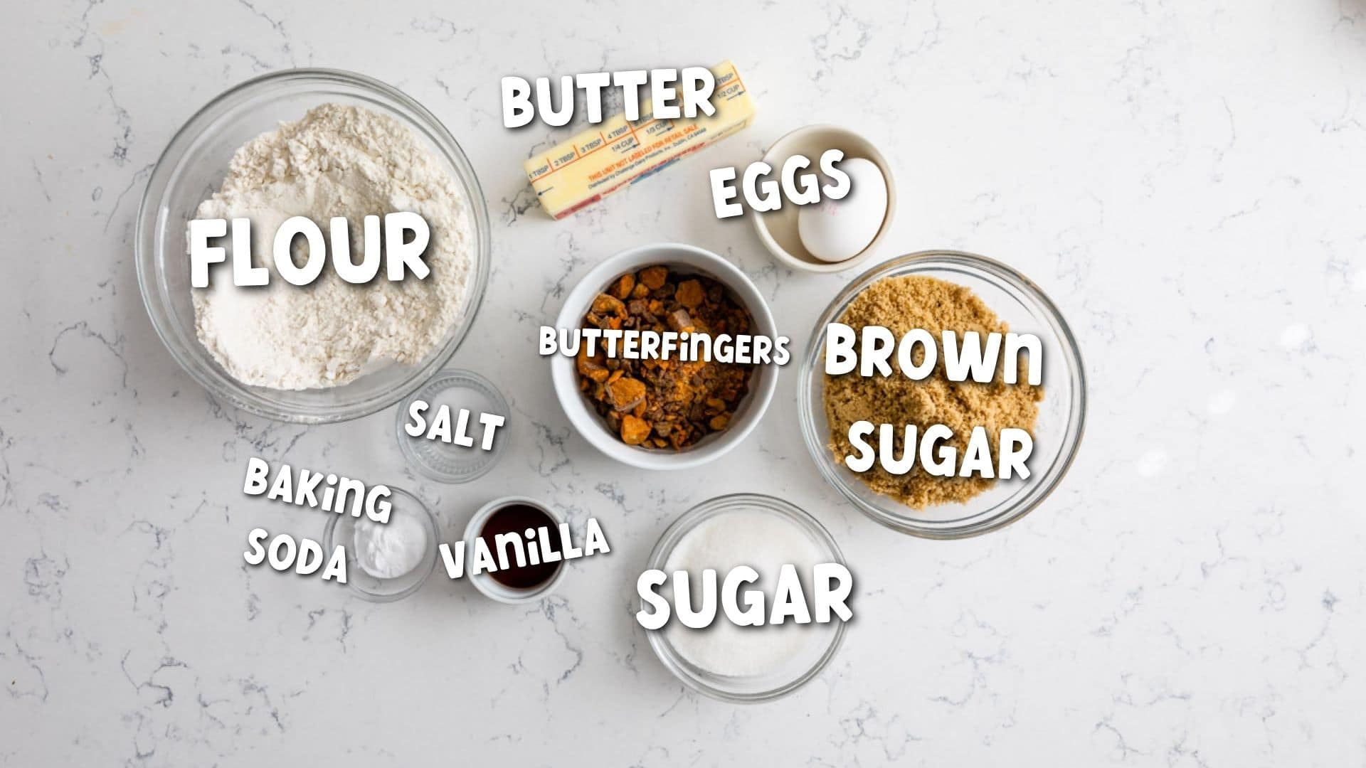 Overhead shot of all ingredients needed to make butterfinger cookies