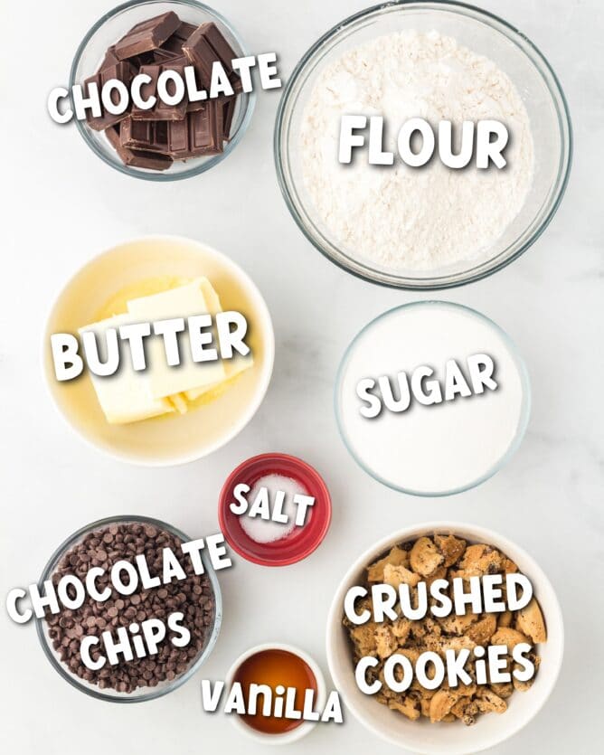 Overhead shot of all ingredients needed for cookie bark