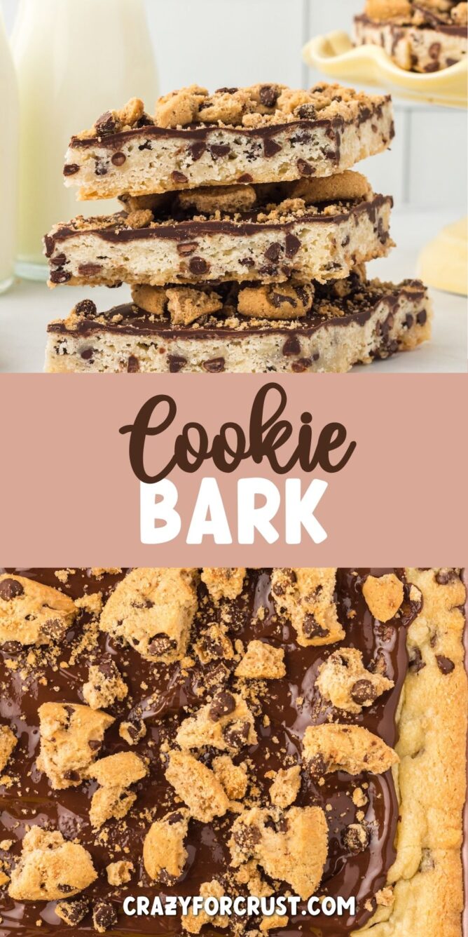 Cookie bark collage with recipe title in the middle of two photos