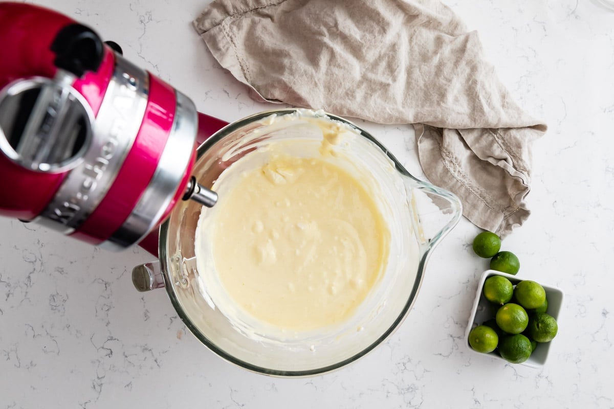 cheesecake batter in mixer.