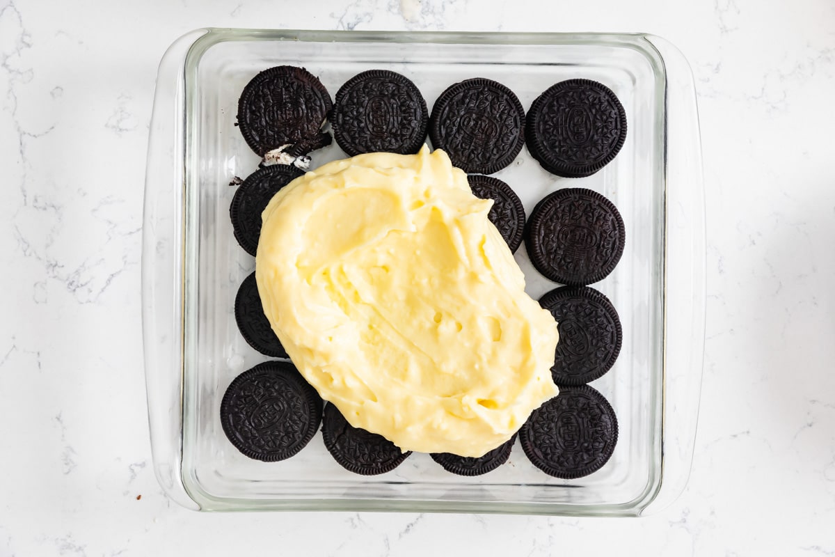 Process photo of Oreo lasagna being made