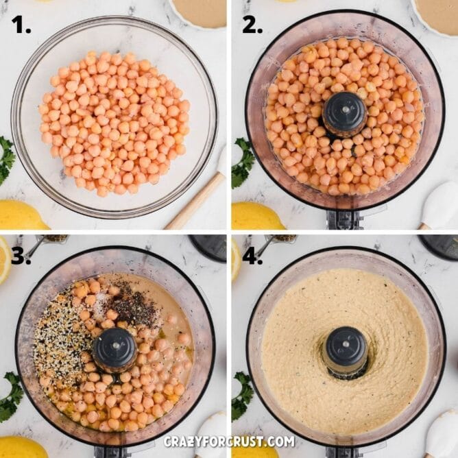 Overhead shot of four images showing the process of making everything hummus