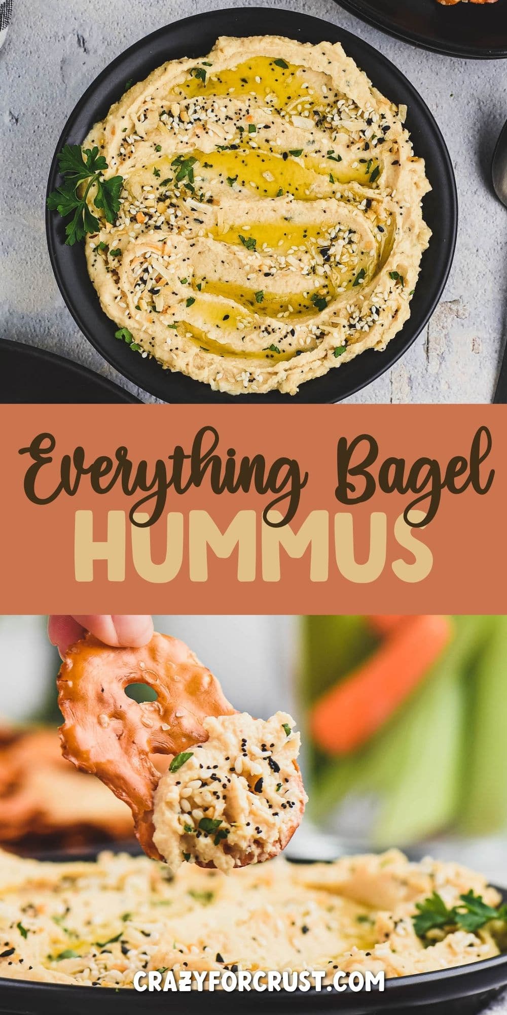 Everything hummus photo collage with recipe title in the middle of two photos
