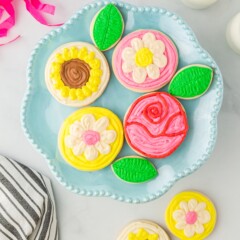 Overhead shot of all decorated sugar cookies on a plate