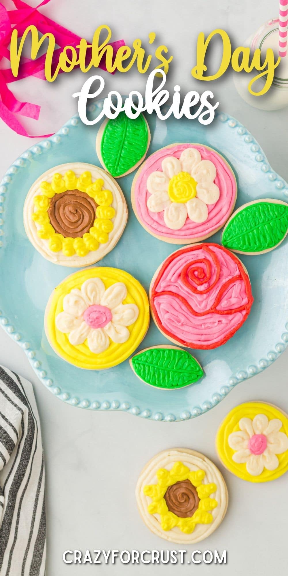 Overhead shot of all decorated sugar cookies on a plate with recipe title on top of image