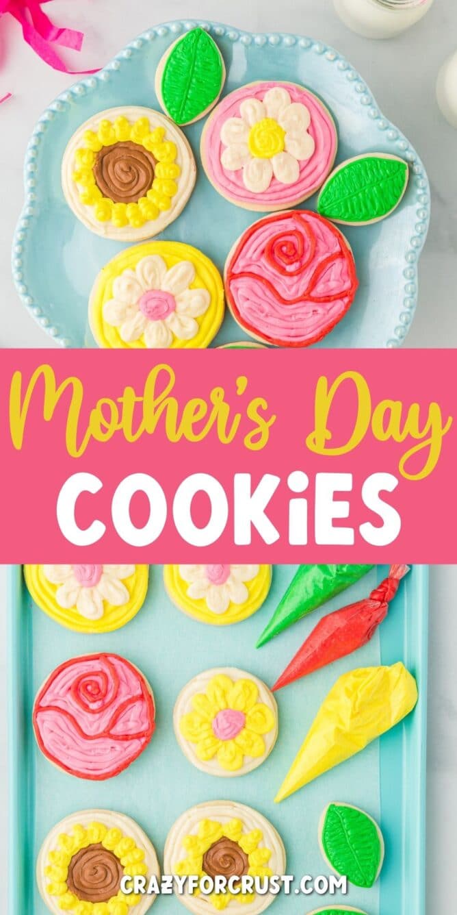 Photo collage of mother's day sugar cookies with recipe title in the middle of two photos