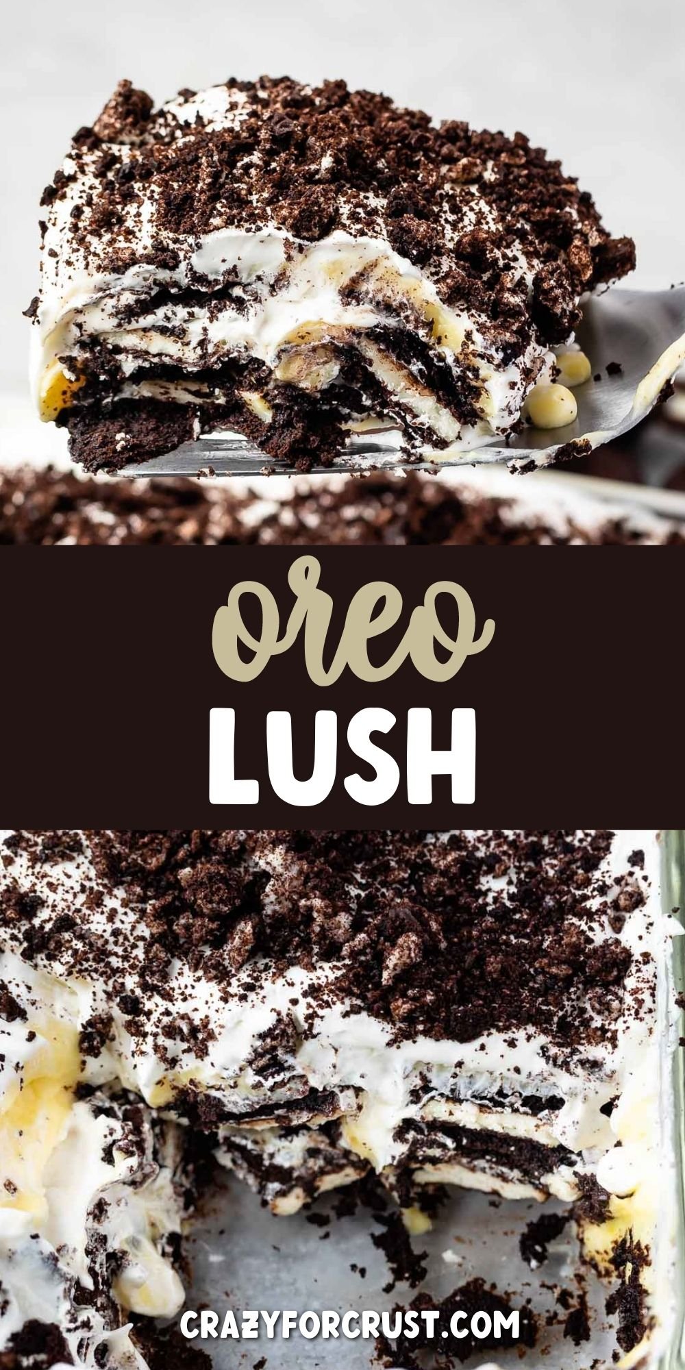 Oreo Lasagna collage with recipe title in the middle of two photos