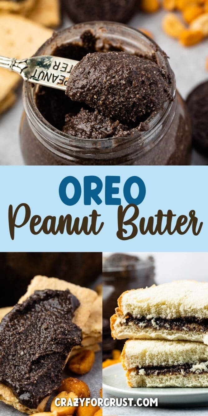 Photo collage of oreo peanut butter with recipe title in the middle of two photos