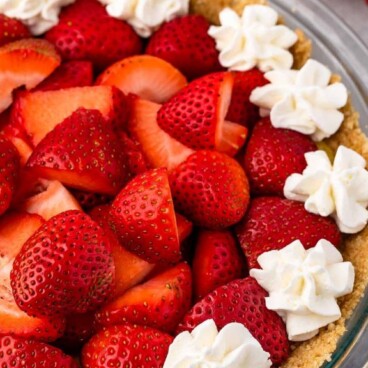 Close up shot of no bake strawberry shortcake pie topped with whipped cream dollops and recipe title on top of image