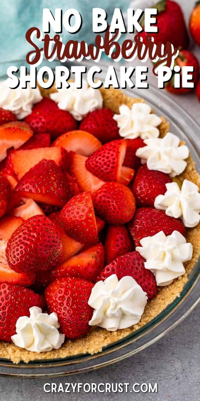 Close up shot of no bake strawberry shortcake pie topped with whipped cream dollops and recipe title on top of image