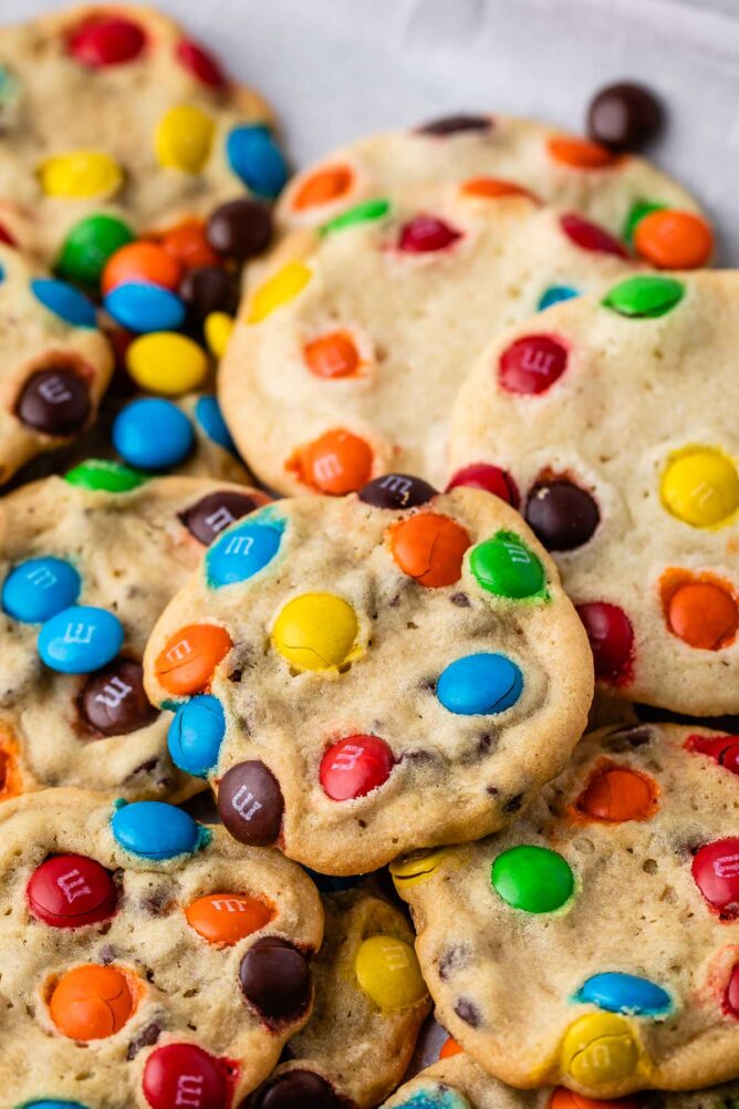 Bunch of M&M Cookies stacked on top of eachother