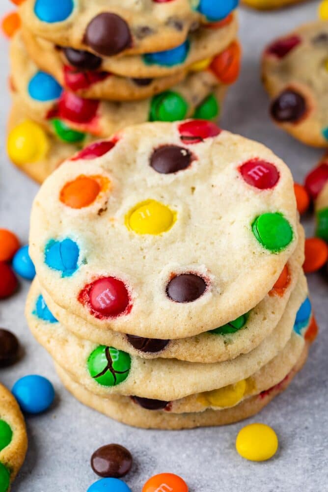 M&M cookies stacked on top of eachother