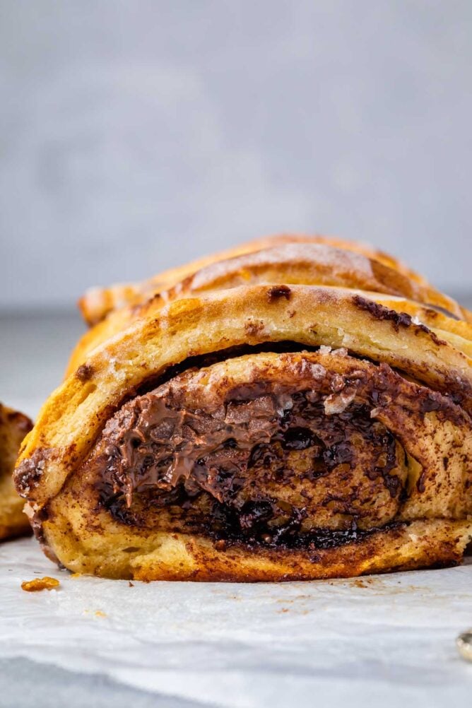 Chocolate cinnamon roll pull apart bread on parchment paper