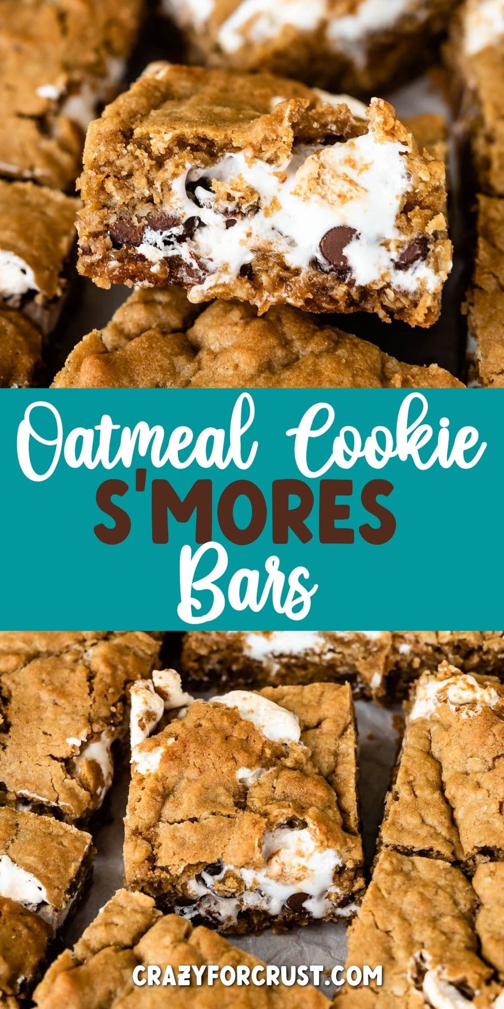 Photo collage of oatmeal cookie s'mores bars with recipe title in the middle of two photos