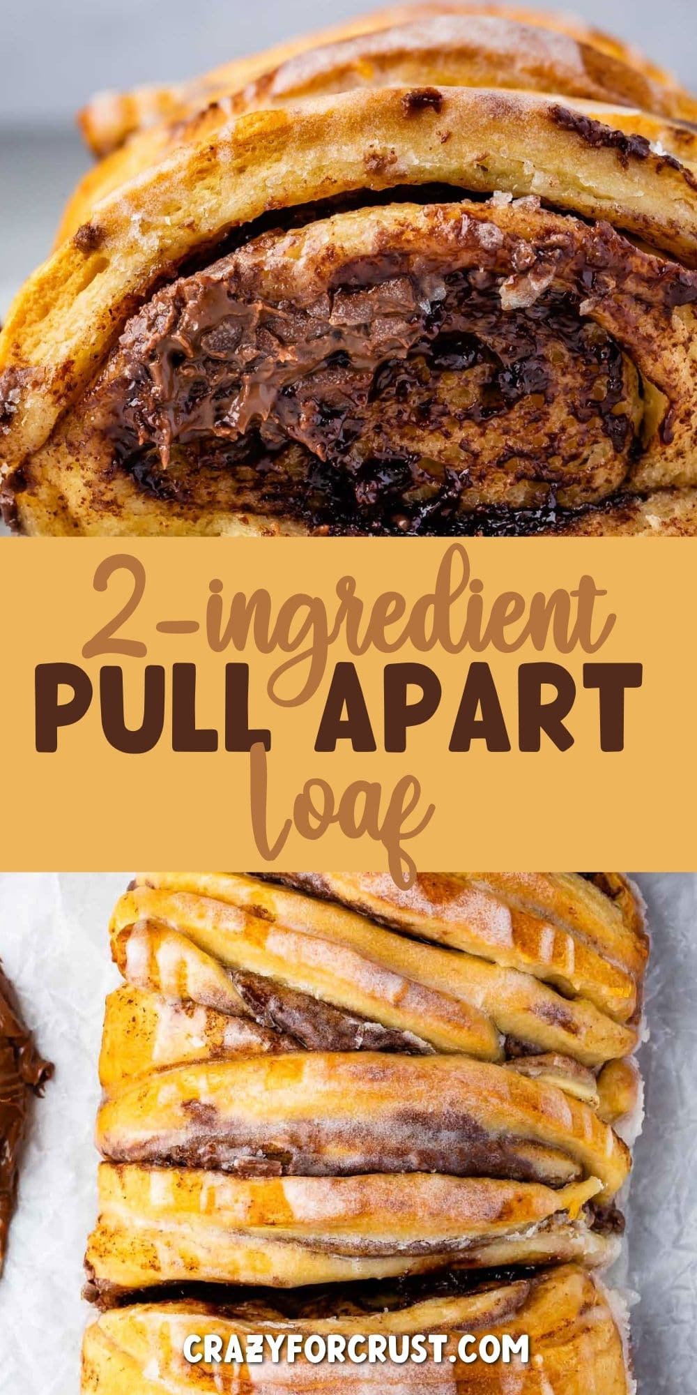 Photo collage of chocolate cinnamon pull apart bread with recipe title in the middle of two photos