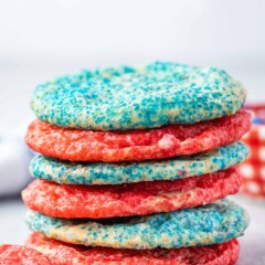 Stack of 6 sugar cookies alternating blue and red