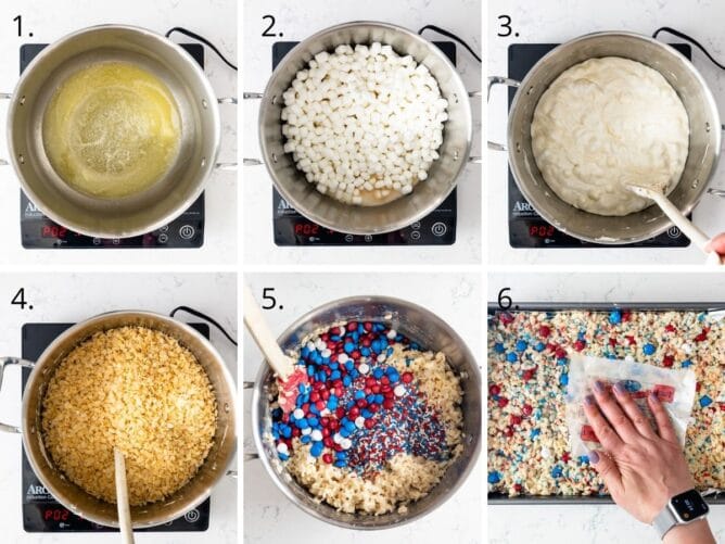 Overhead shot of six photos showing the process of making 4th of july rice krispie treats