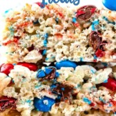 Close up shot of fourth of july rice krispie treats with recipe title on top of image