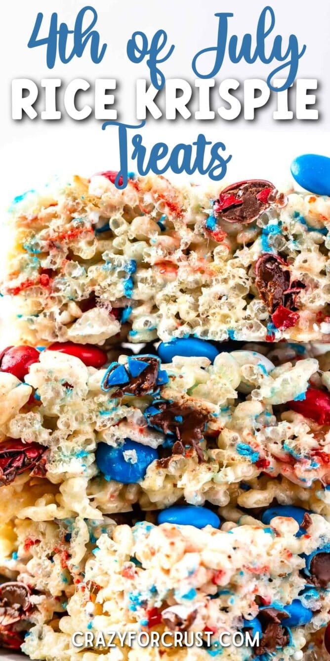 Close up shot of fourth of july rice krispie treats with recipe title on top of image