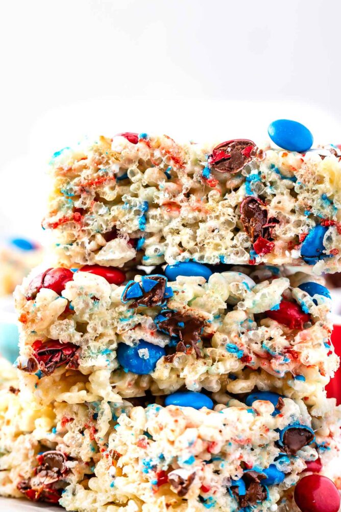 Close up side shot of 4th of july rice krispie treats stacked on top of eachother