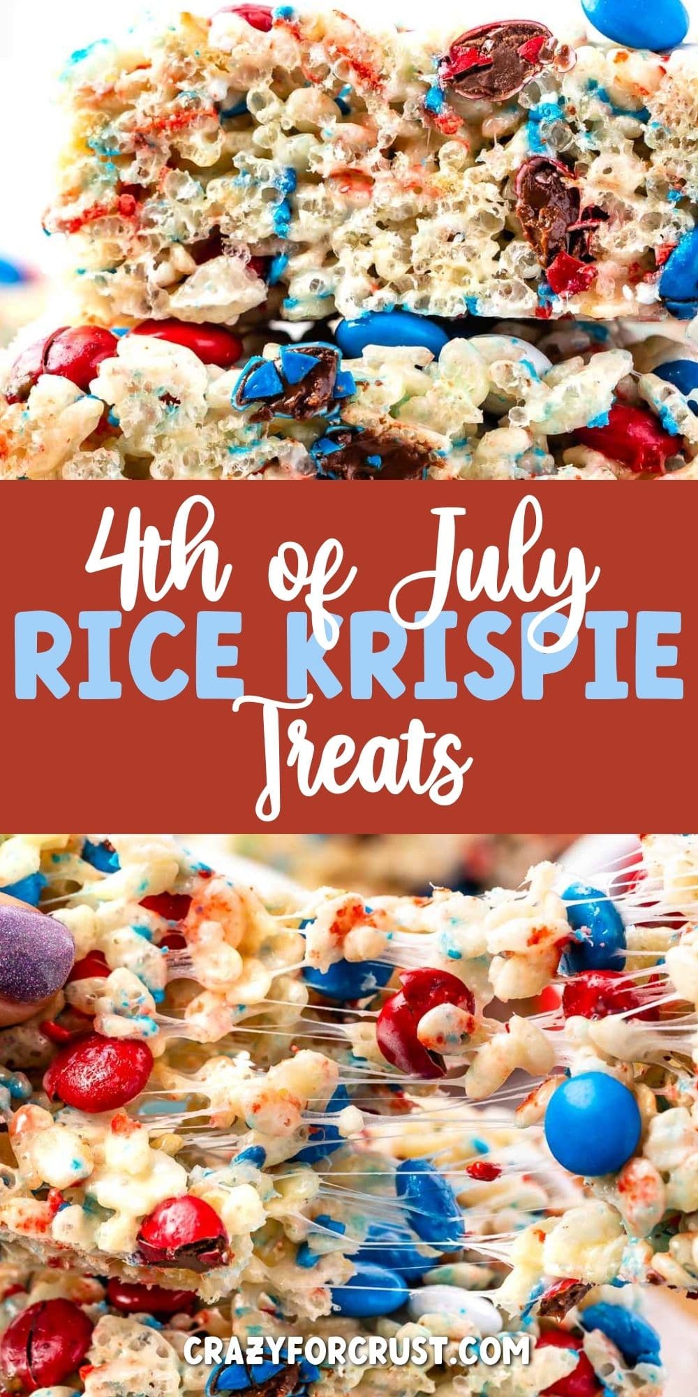 4th of july rice krispie treat photo collage with recipe title in the middle of two photos
