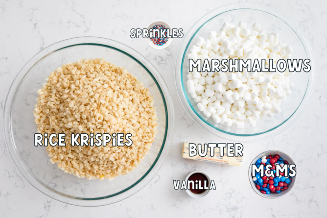Overhead shot of all ingredients needed to make 4th of july rice krispie treats