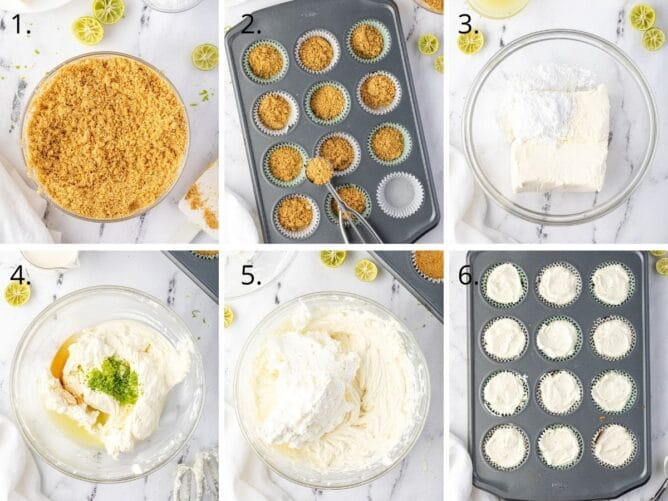 Overhead shot of six photos showing process of making no bake key lime cheesecakes
