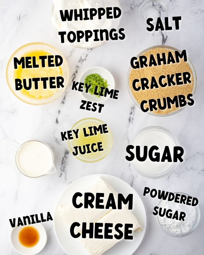 Overhead shot showing all ingredients needed for no bake key lime cheesecakes