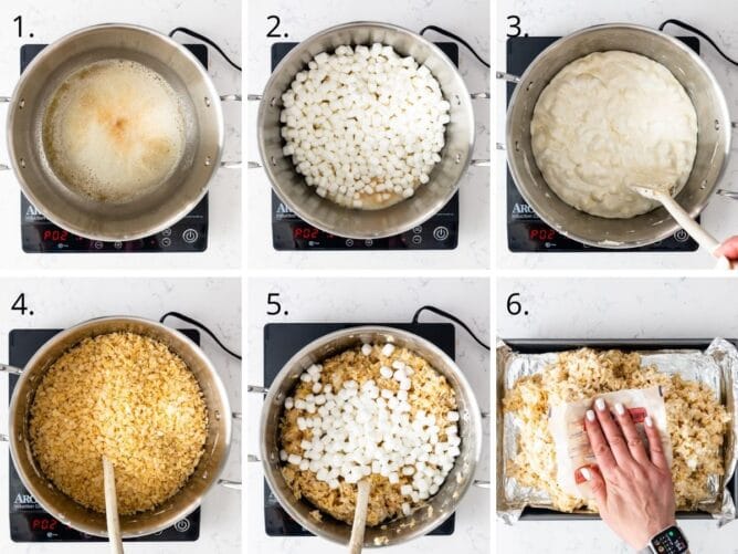 Overhead grid of 6 photos showing how to make the best rice krispie treats