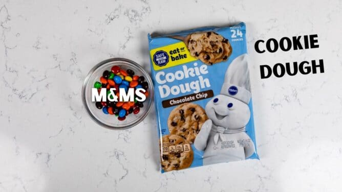 Overhead shot of ingredients needed for M&m Cookies