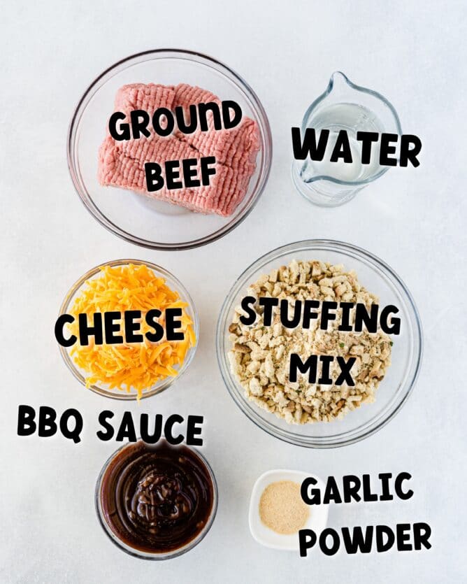 Overhead view of all ingredients needed for BBQ mini meatloaves