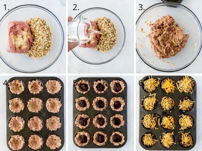 Overhead shot of six photos showing the process of making bbq mini meatloaves